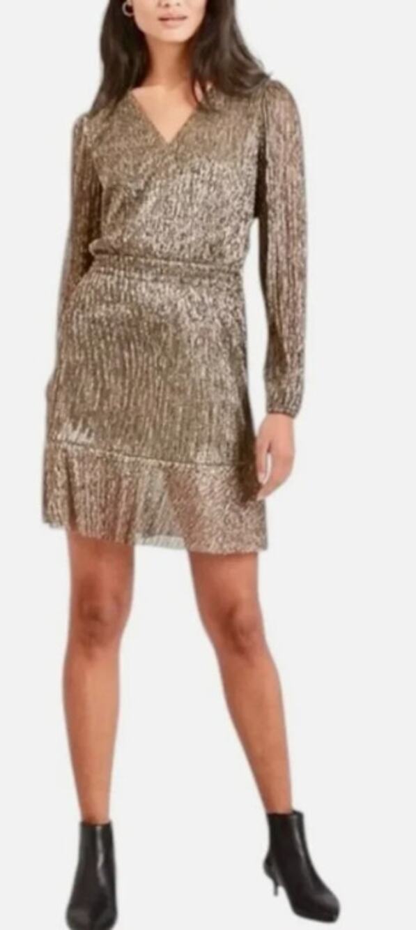 Banana Republic Metallic Shimmer Long Sleeve Mini Dress Gold Black Medium NWT